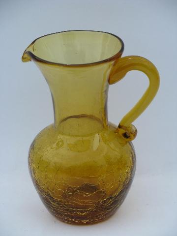 amber crackle glass, retro vintage hand-blown art glass pitchers lot