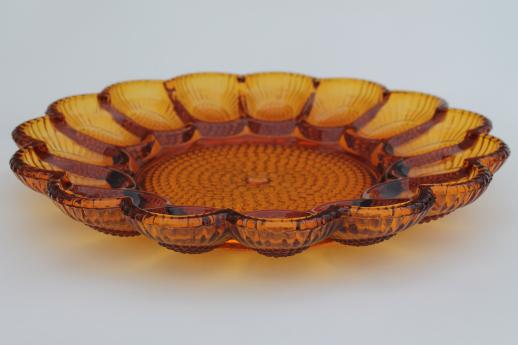 amber glass deviled egg plate, vintage Indiana glass egg plate relish tray