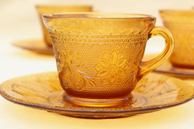 amber glass sandwich daisy pattern cups & saucers, vintage Tiara / Indiana glass