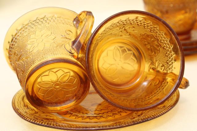 amber glass sandwich daisy pattern cups & saucers, vintage Tiara / Indiana glass