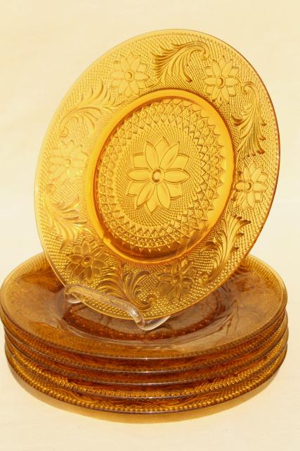 amber glass sandwich daisy pattern luncheon plates vintage Tiara / Indiana glass