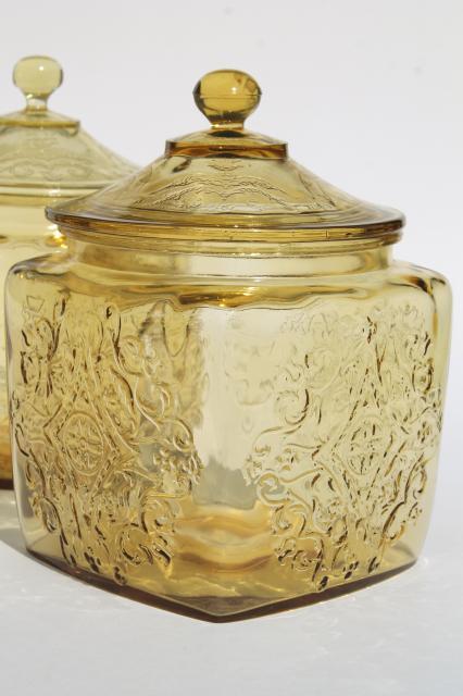 amber yellow depression glass cookie biscuit jars, Indiana Recollection & Federal Madrid