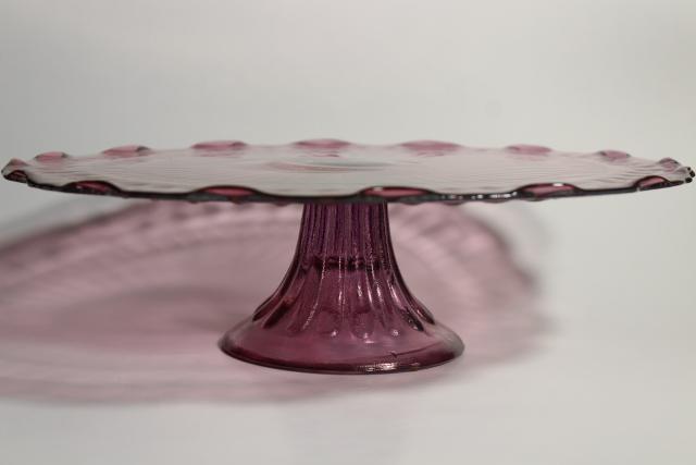 amethyst pink colored glass cake stands, scalloped edge laurel vines, tower of graduated sizes