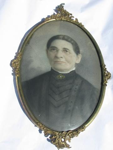 antique 1800s Civil War era portraits domed glass&ornate metal frames