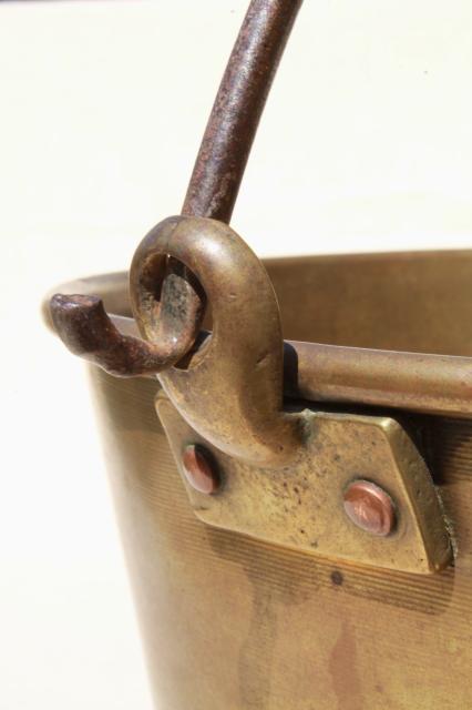 antique 1800s vintage Hayden's Waterbury brass bucket, cooking pot kettle w/ bail handle