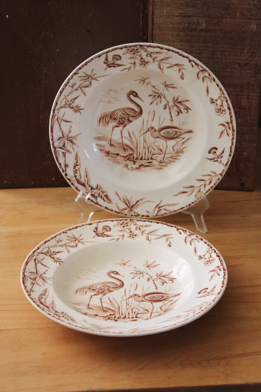antique 1800s vintage brown transferware china bowls, Indus pattern storks bird print w/ natural foliage
