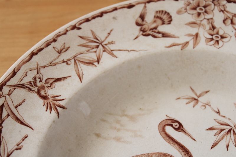 antique 1800s vintage brown transferware china bowls, Indus pattern storks bird print w/ natural foliage