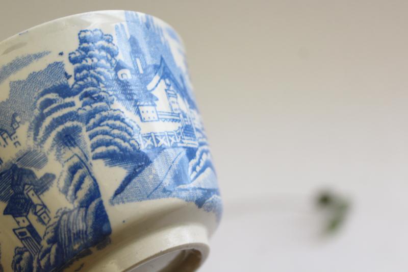 antique 1800s vintage china tea cup, handleless teacup w/ blue & white transferware