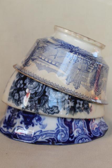 antique 1840s 1850s blue & white china bowls, footed bowl cafe au lait shape