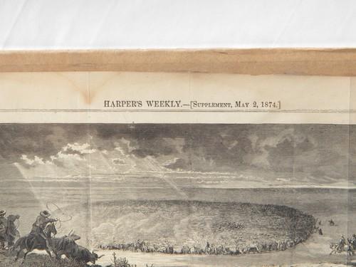 antique 1870s engravings of Texas cattle drive, westerns cowboys etc