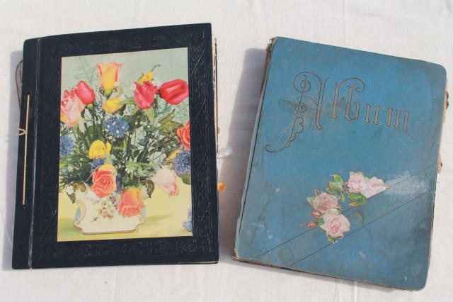 antique 1880s - 1930s scrapbook albums, one lady's collections of snips, cards, keepsakes