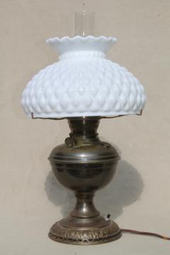 antique 1880s vintage brass oil lamp, electricfied light w/ milk glass shade