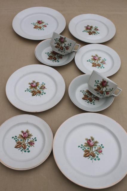 antique 1890s Meakin moss rose ironstone china - plates, cups & deep saucers