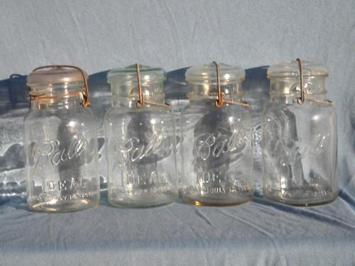 antique 1908 Ball Ideal canning jars, glass lightning lids w/ wire bails
