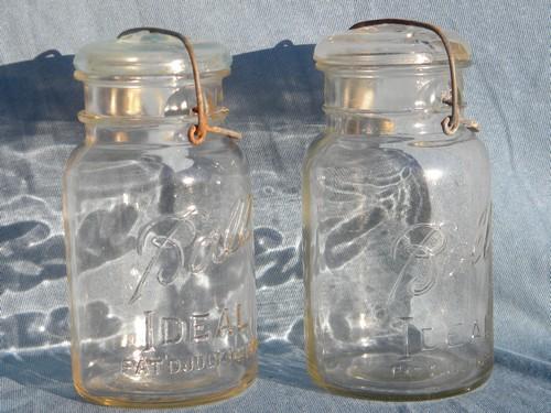 antique 1908 Ball Ideal canning jars, glass lightning lids w/ wire bails
