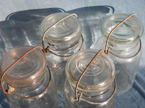 antique 1908 Ball Ideal canning jars, glass lightning lids w/ wire bails