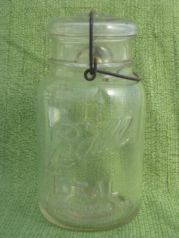 antique 1908 Ball mason canning jars, glass lightning lids w/ wire bails