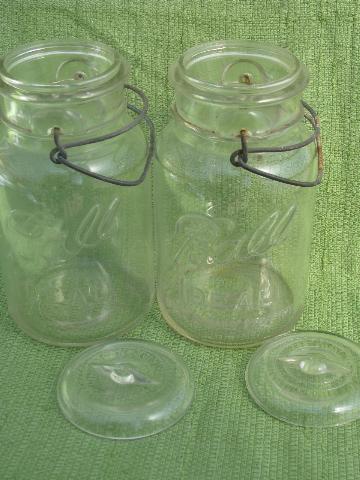 antique 1908 Ball mason canning jars, glass lightning lids w/ wire bails