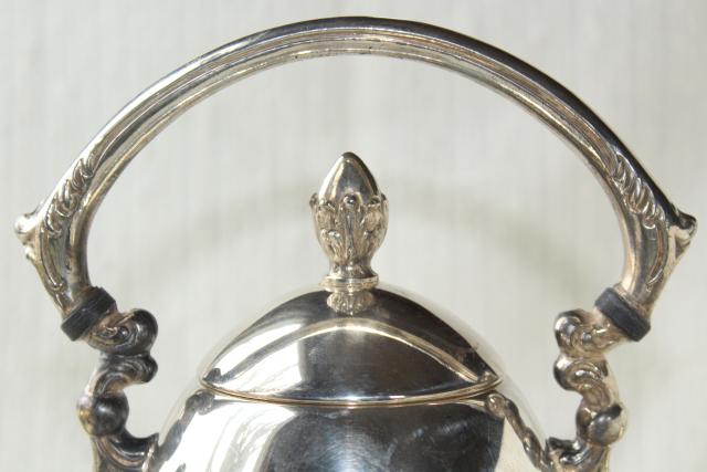 antique 1920s vintage silver plate over copper tea set w/ tilt kettle, coffee pot