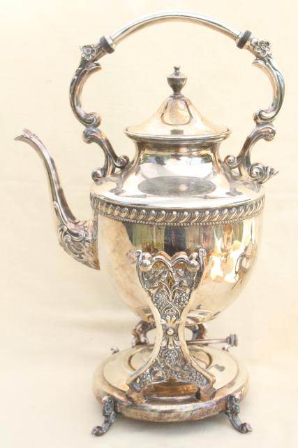 antique 1920s vintage tilt kettle teapot, silver plate over copper tea set