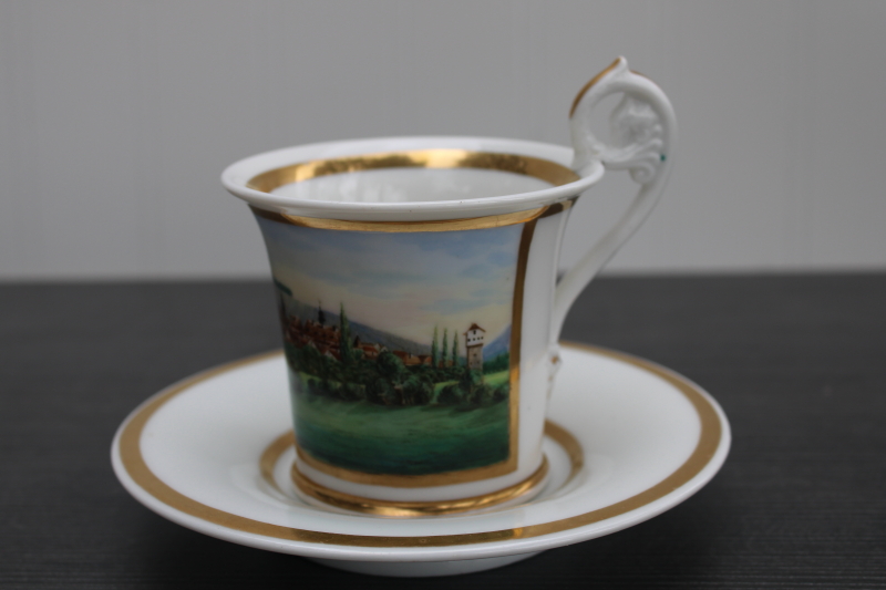 antique 19th century Germany china cup saucer, unmarked topographical scenic view
