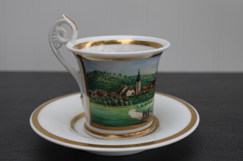 antique 19th century Germany china cup saucer, unmarked topographical scenic view