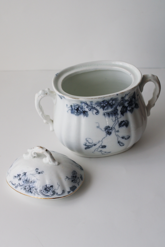 antique Alfred Meakin England ironstone china biscuit jar, dark blue transferware Oban floral