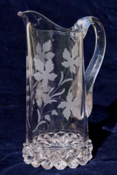 antique Amazon pattern pressed glass pitcher w/ leaf & vine, EAPG vintage glassware 