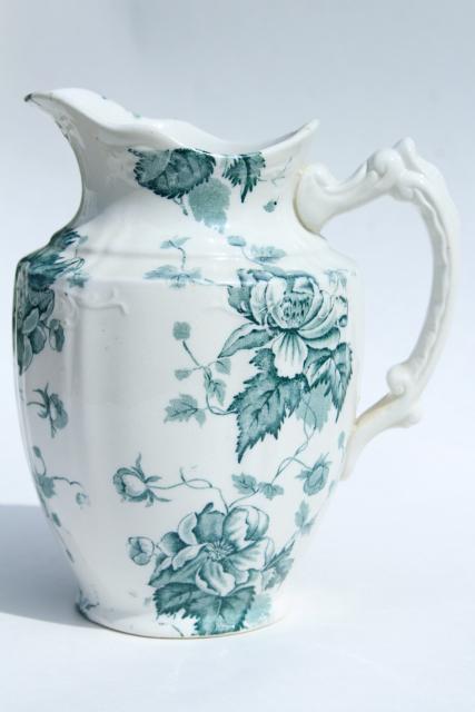 antique Avon - England transferware china pitcher, blue green floral, 1890s Winkle mark