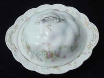 antique Baroda pink floral Johnson Bros china round covered butter dish