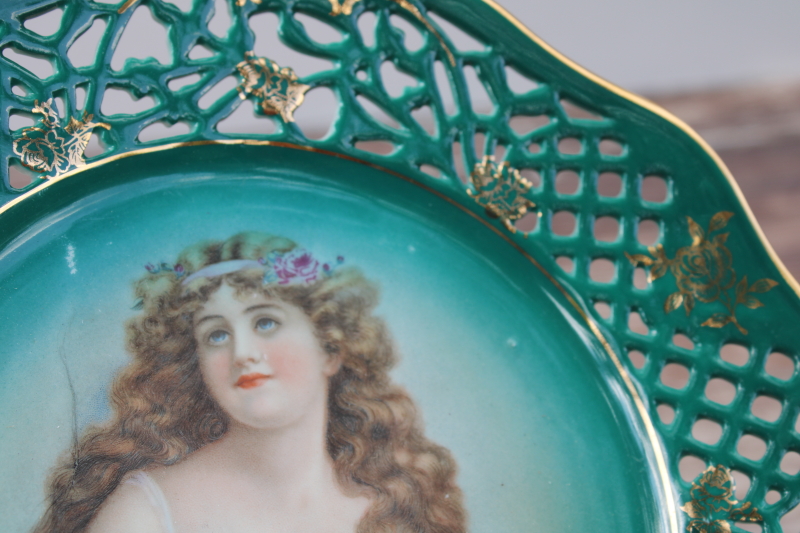 antique Bavaria Germany reticulated china plate, pretty lady portrait on green, early 1900s vintage