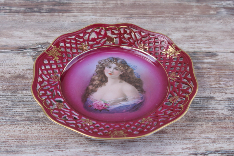 antique Bavaria Germany reticulated china plate, pretty lady portrait on red, early 1900s vintage