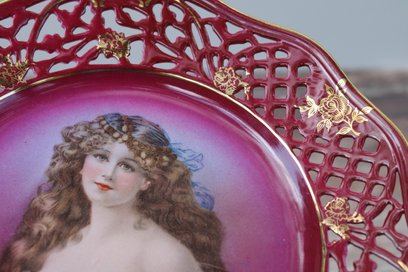 antique Bavaria Germany reticulated china plate, pretty lady portrait on red, early 1900s vintage