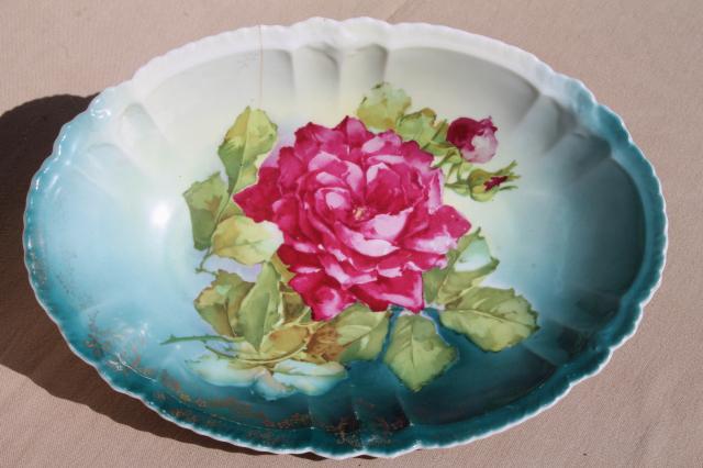antique Bavaria china dish w/ roses floral, cabbage rose oval bowl shabby vintage chic
