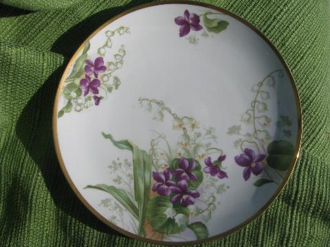 antique Bavaria china plate, hand-painted violets and lily of the valley