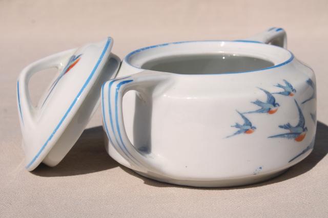 antique Buffalo china w/ bluebirds, vintage blue bird creamer & sugar set
