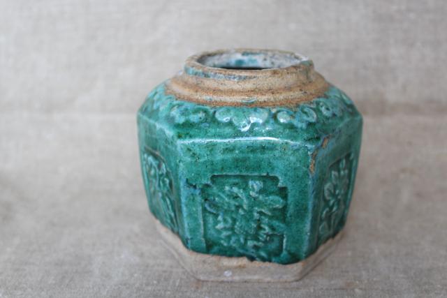 antique Chinese pottery ginger jar, small six sided pot w/ green glaze