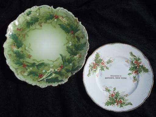 antique Christmas holly china plates, hand-painted Germany and souvenir