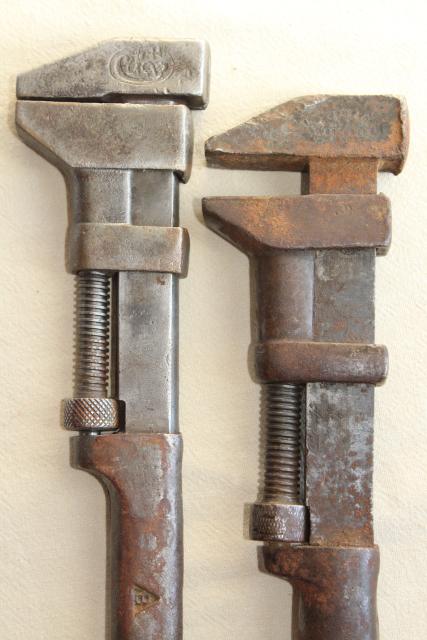 antique Coes monkey wrenches, vintage Billings railroad wrench W&OI RR 1800s patent