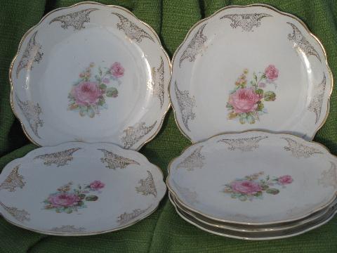 antique Dresden china plates w/ shabby roses, early 1900s vintage