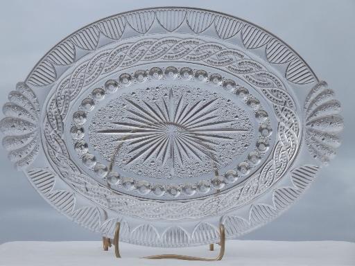 antique EAPG glass tray or platter, chain & shield pattern w/ fan handles