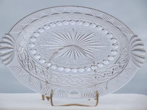 antique EAPG glass tray or platter, chain & shield pattern w/ fan handles