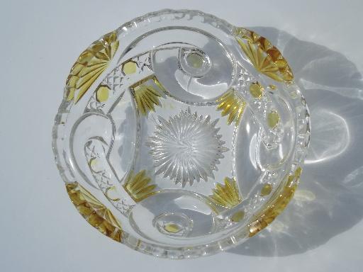 antique EAPG pressed pattern glass fruit bowls, canary yellow stain