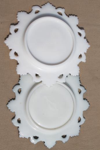 antique Easter milk glass rabbit & baby chicks lace edge plates, vintage holiday decorations