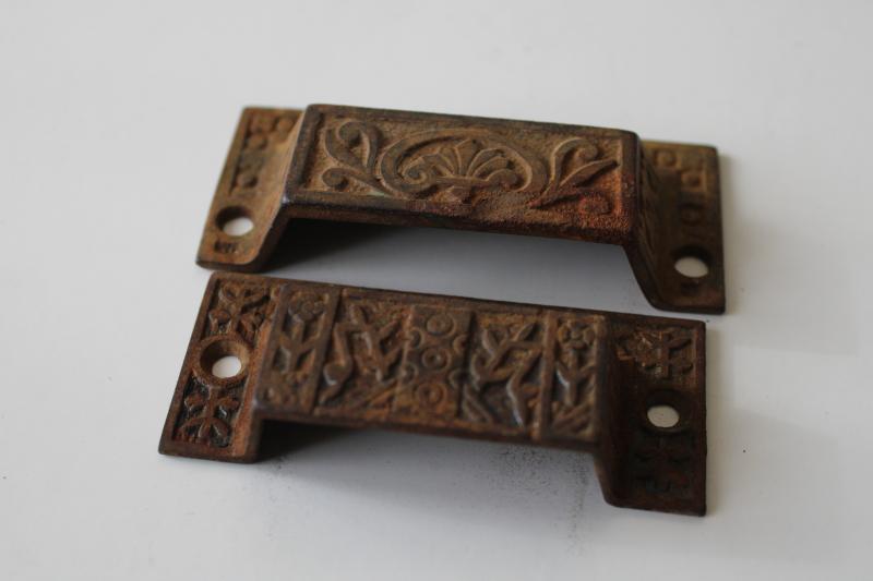 antique Eastlake cast iron drawer bin pull, two different patterns vintage hardware lot