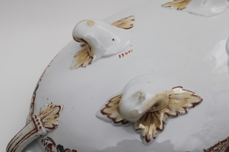 antique English pottery covered bowl stag  boar pattern 1870s Brownfield  Sons