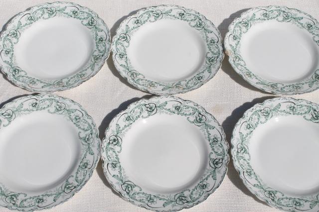 antique English transferware china plates, Johnson Brothers Beaufort green floral