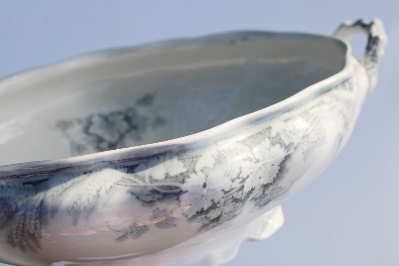 antique English transferware china serving bowl, oval dish w/ handles, Harvest pattern