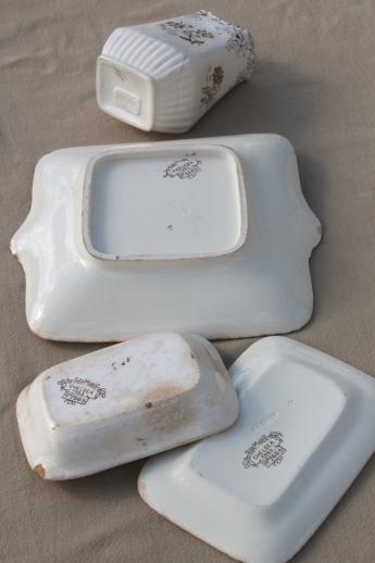 antique English transferware china wash set accessory tray, toothbrush vase, soap dish