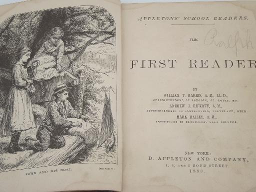 antique First Reader, illustrated early reading school book vintage 1880